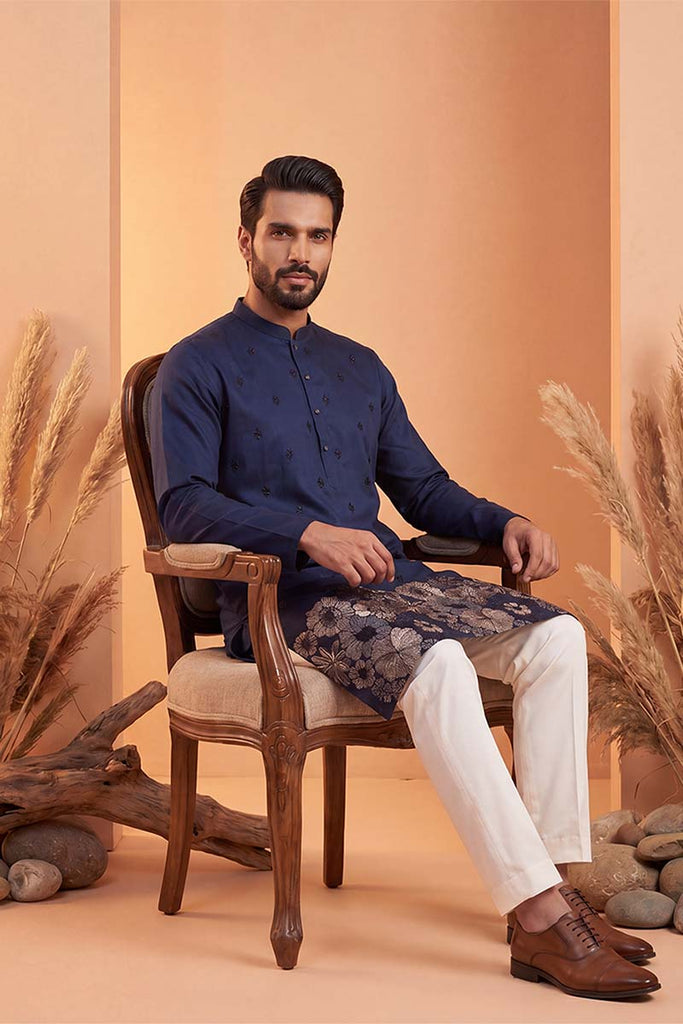 Blue Silk Blend Solid Embroidered Kurta MKU2065