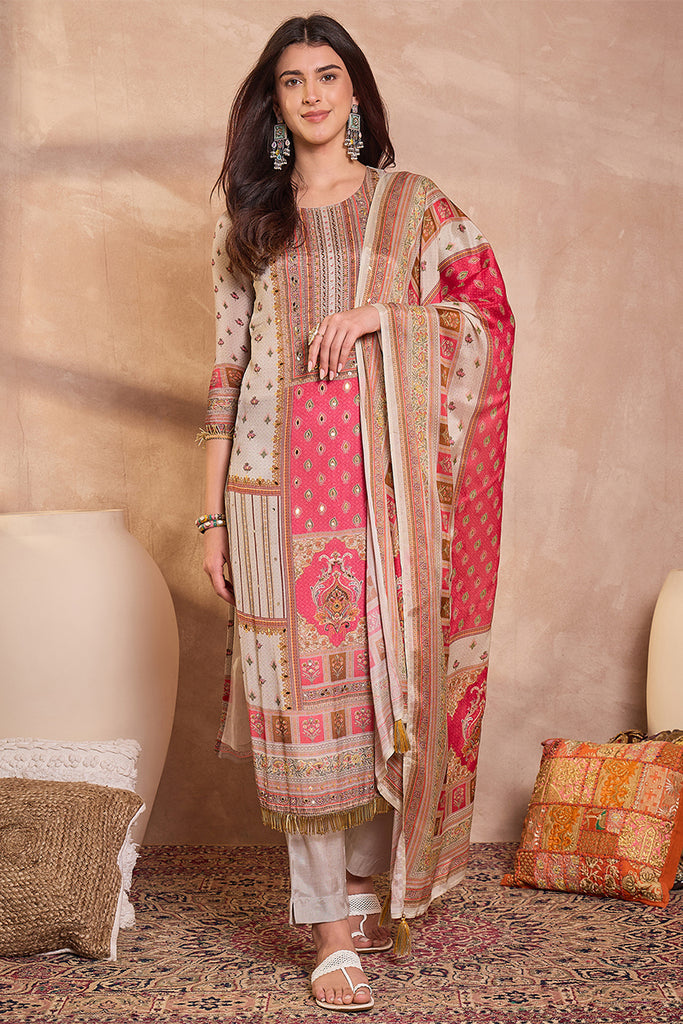 Multi Viscose Rayon Embroidered Kurta Trouser With Dupatta  HPKSKD2974