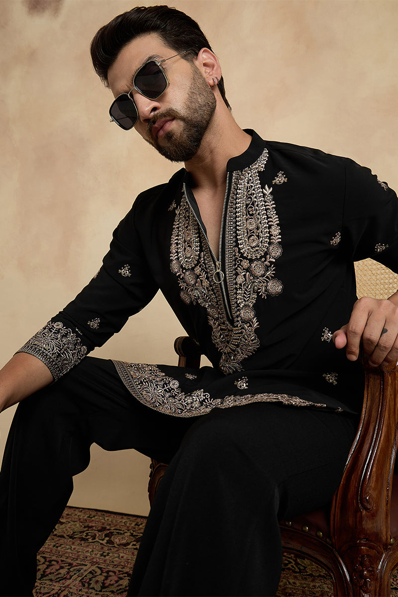 Black Silk Blend Solid Embroidered Kurta With Trouser MKSET2376