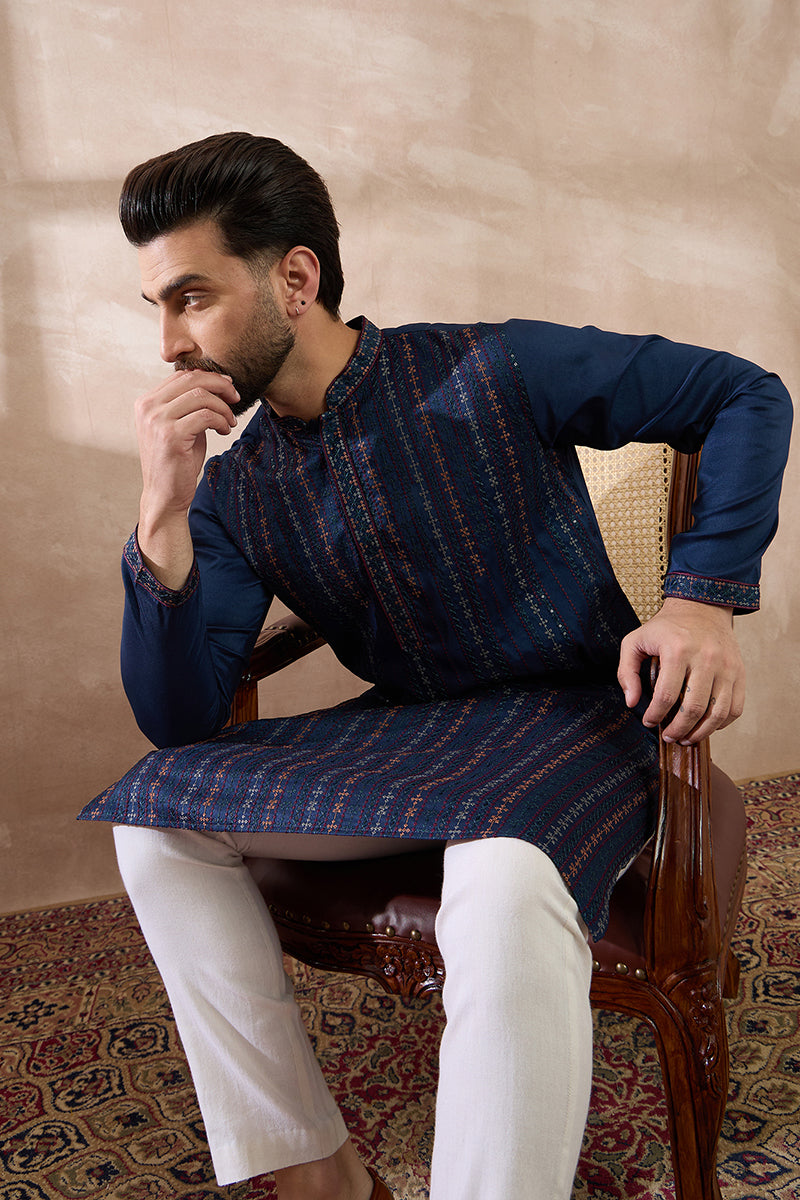 Navy Blue Silk Blend Embroidered Mandarin Collar Straight Kurta With Trouser MKSET2040