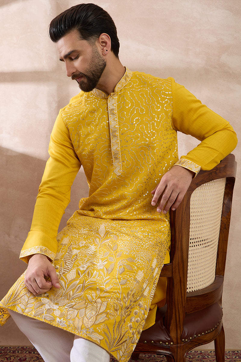 Yellow Silk Blend Embroidered Mandarin Collar Straight Kurta MKU2052
