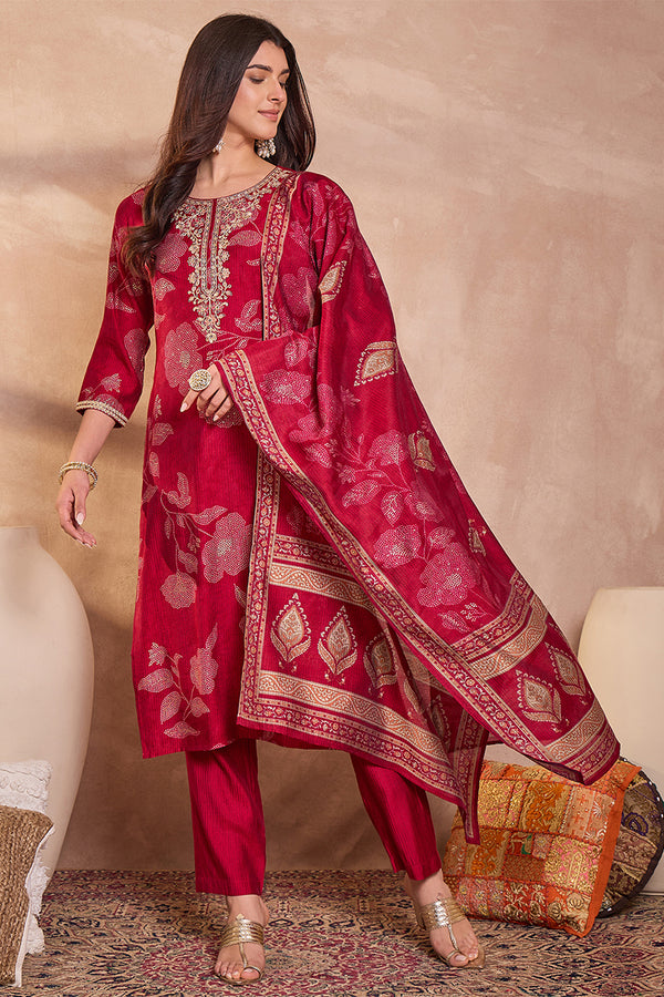 Pink Silk Blend Floral Printed Straight Kurta Trouser With Dupatta PKSKD3218