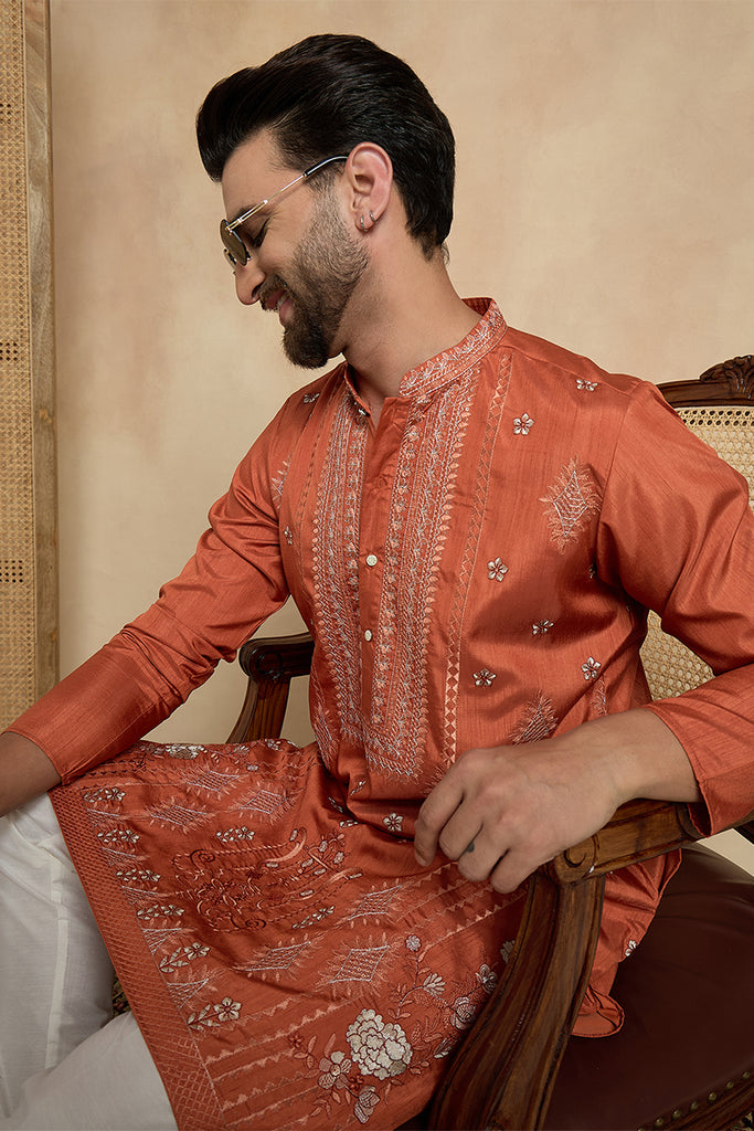 Orange Silk Blend Solid Embroidered Straight Kurta MKU2524
