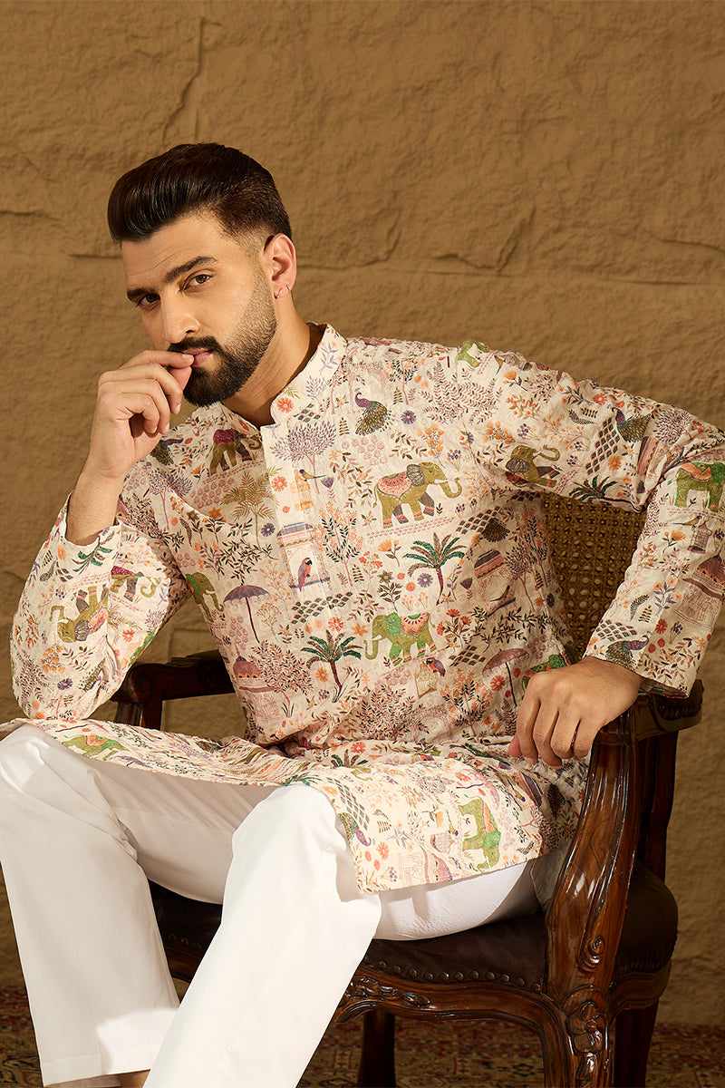 Cream Viscose Rayon Ethnic Motifs Printed Straight Kurta with Trouser MKSET1616
