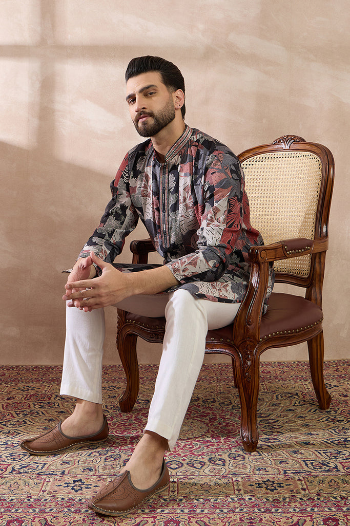 Black Silk Blend Printed Mandarin Collar Straight Kurta With Trouser MKSET1977