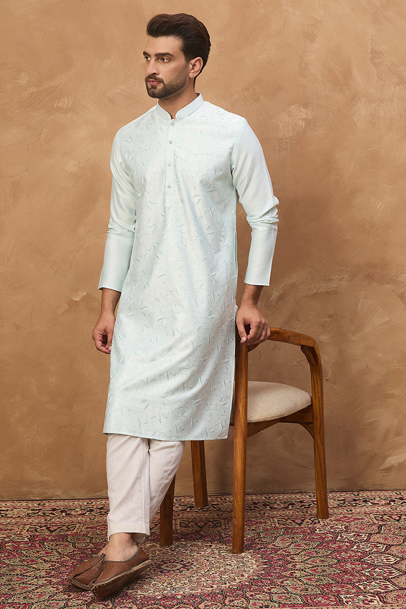 Blue Silk Blend Solid Embroidered Straight Kurta MKU1446