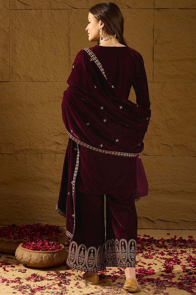 Purple Velvet Solid Embroidered Straight Palazzo Suit Set PKSKD2273