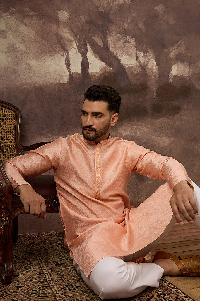 Peach Silk Blend Solid Woven Design Straight Kurta MKU1322