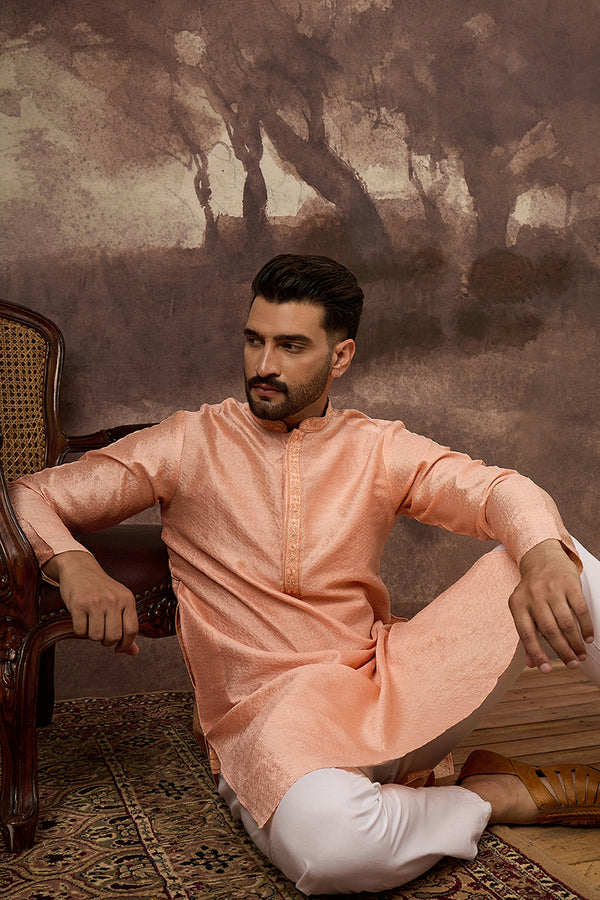 Peach Silk Blend Solid Woven Design Straight Kurta MKU1322