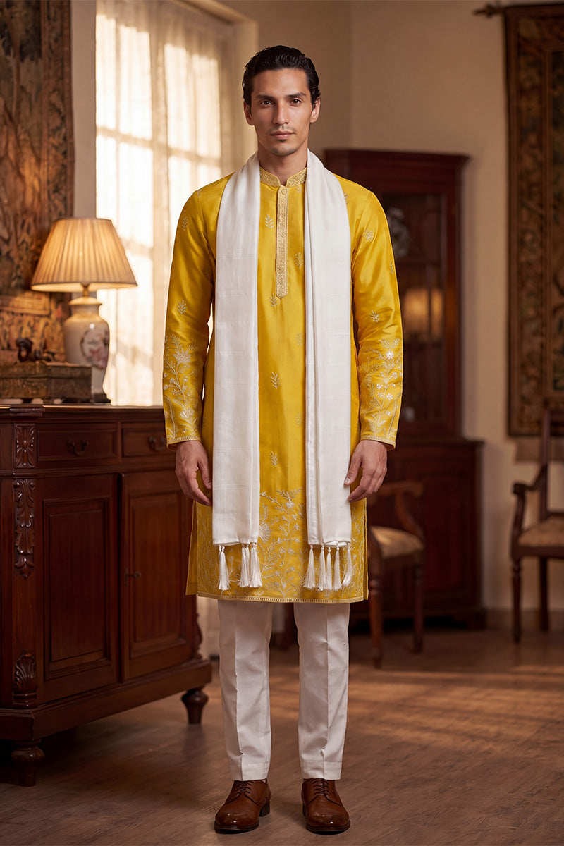 Yellow Chanderi Silk Solid Embroidered Straight Kurta Trouser with Dupatta MKPD1314
