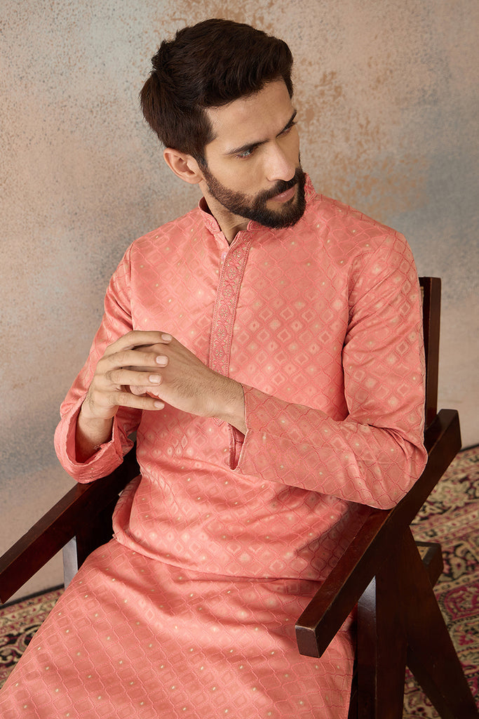 Coral Jacquard Ethnic Motifs Embroidered Kurta MKU2491
