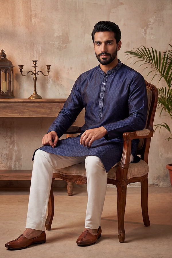 Blue Jacquard Woven Design Straight Kurta MKU2227