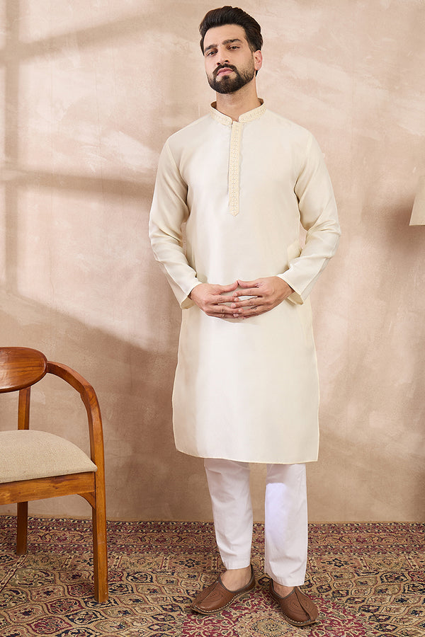 Off White Silk Blend Solid Embroidered Straight Kurta MKU1728