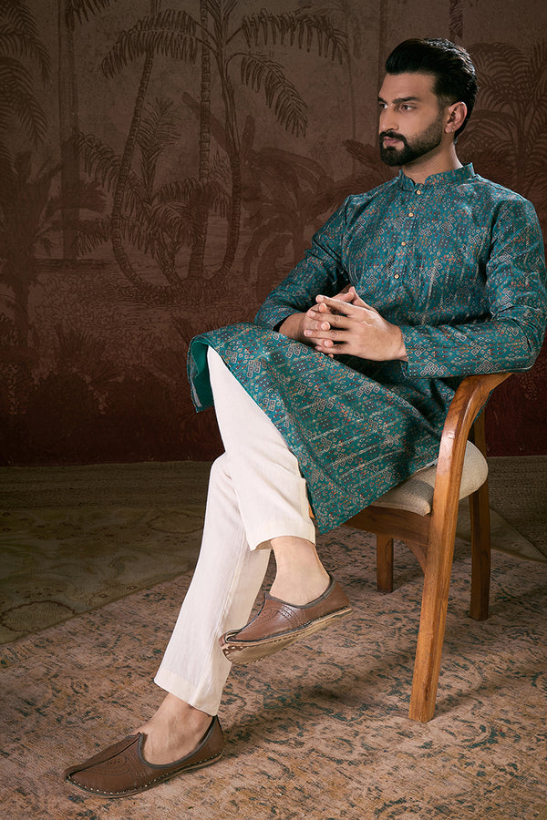 Blue Silk Blend Ethnic Motifs Printed Straight Kurta MKU1906