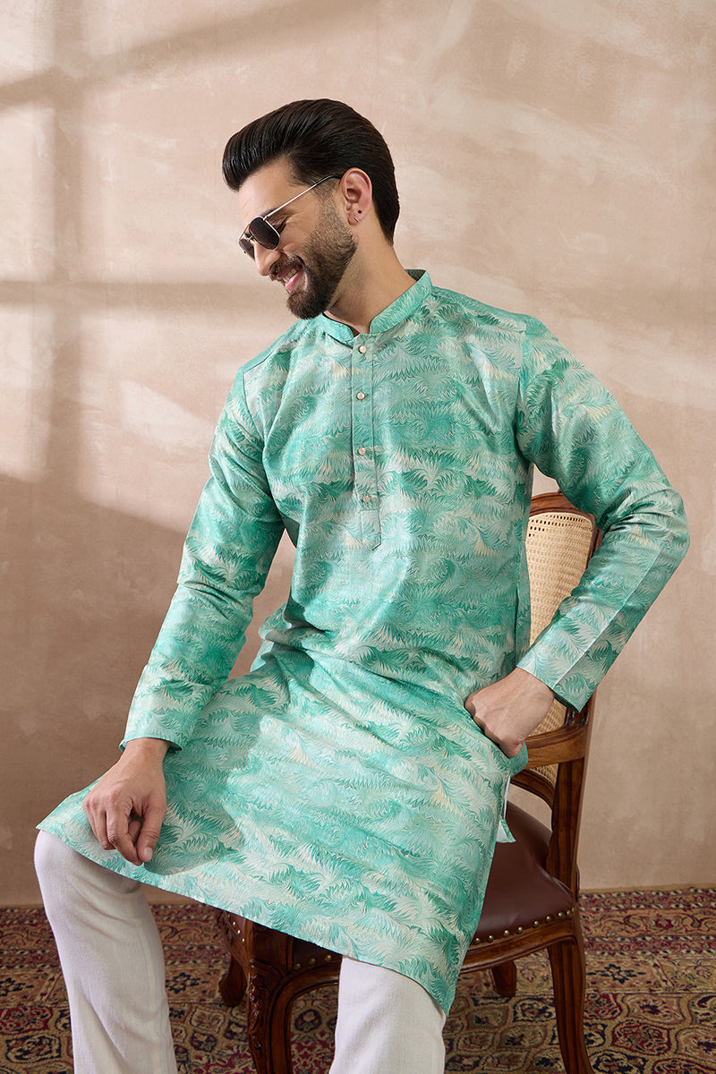 Green Silk Blend Printed Mandarin Collar Straight Kurta With Trouser MKSET2022