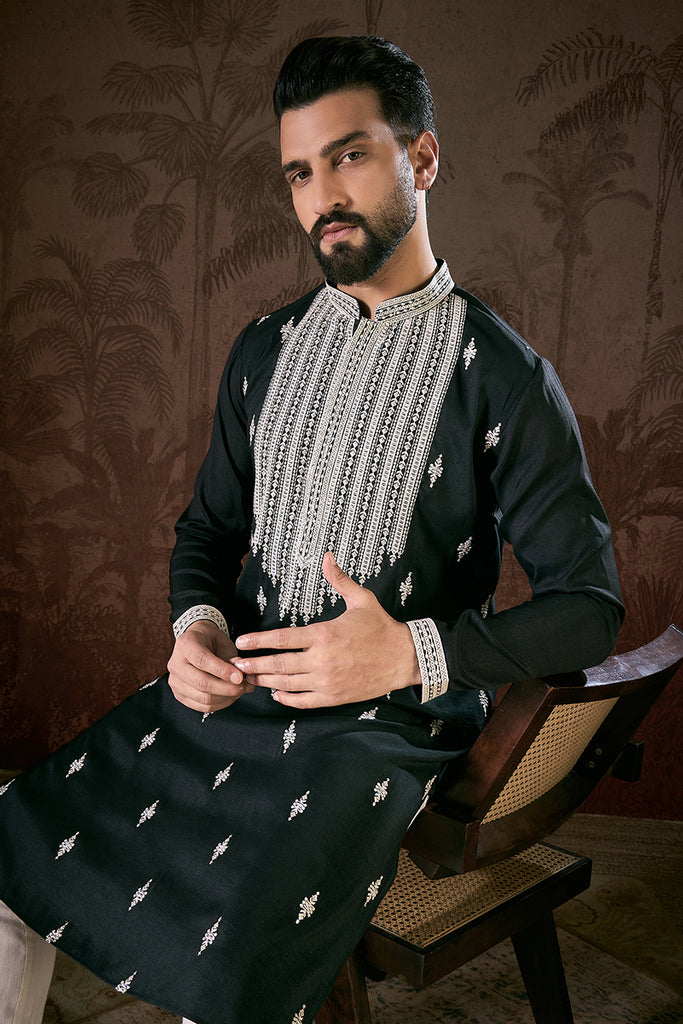 Black Silk Blend Solid Embroidered Straight Kurta With Trouser MKSET1883