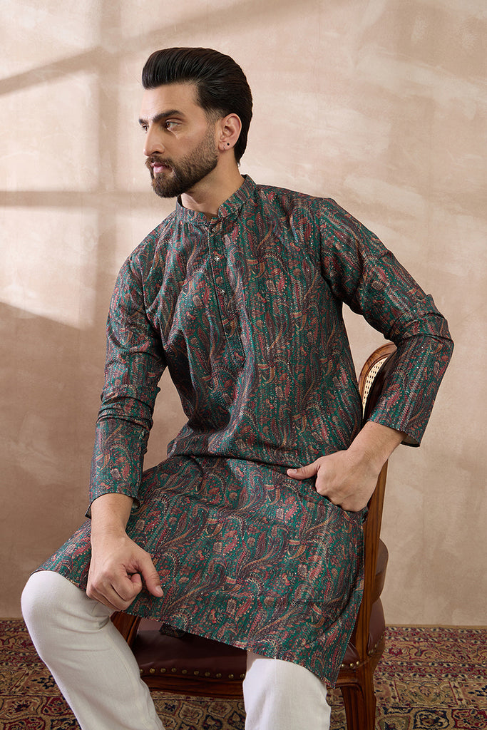 Green Silk Blend Printed Mandarin Collar Straight Kurta MKU2050