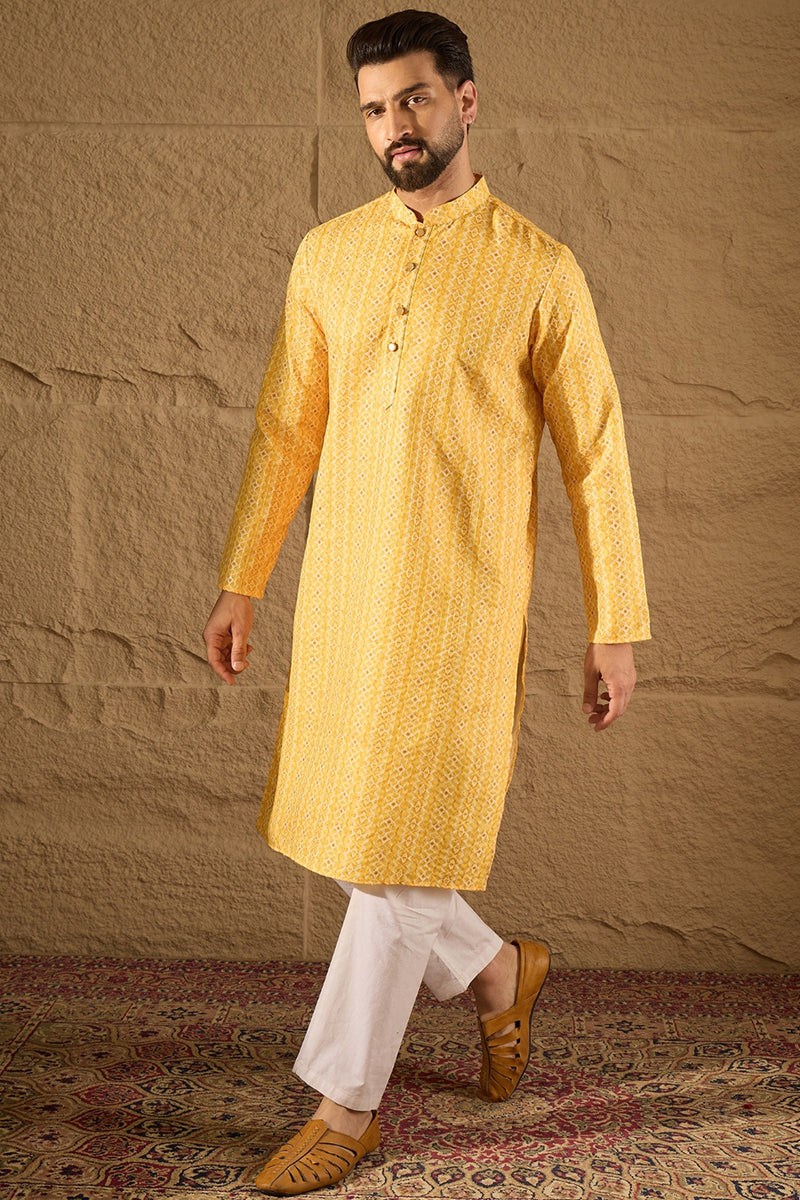 Yellow Silk Blend Geometric Embroidered Straight Kurta with Trouser MKSET1313