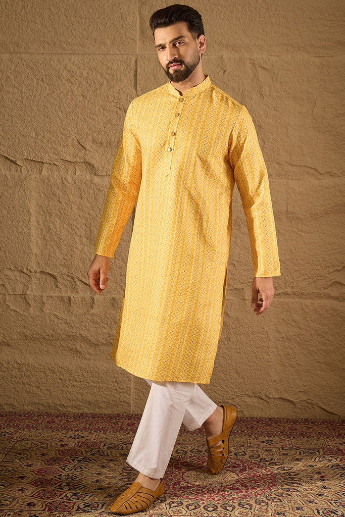 Yellow Silk Blend Geometric Embroidered Straight Kurta with Trouser MKSET1313