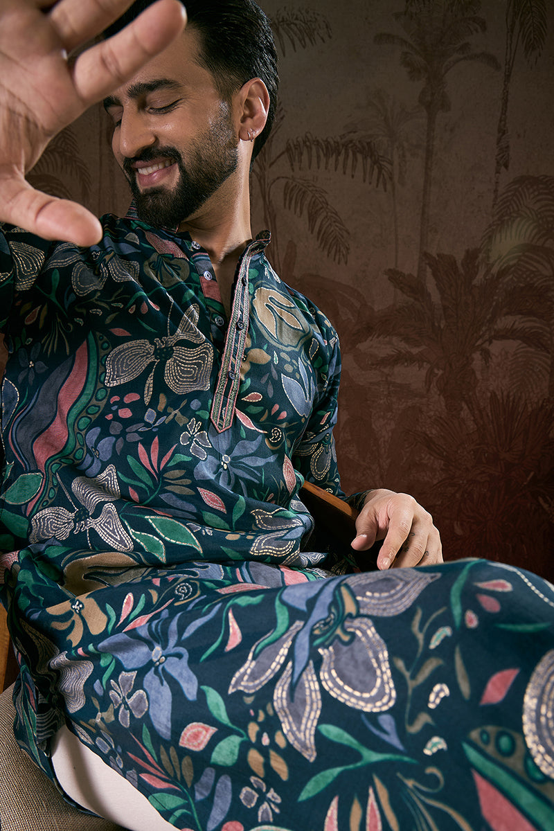 Blue Silk Blend Floral Printed Straight Kurta MKU1962