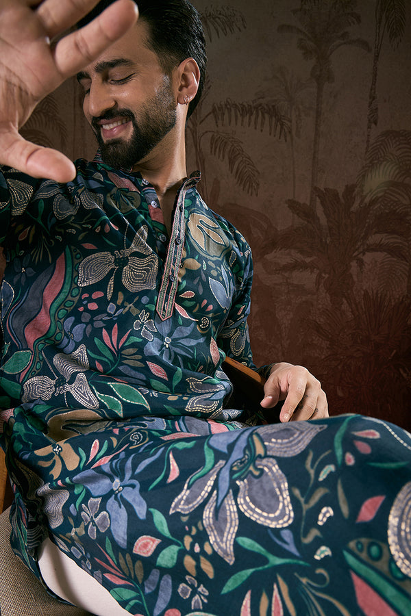 Blue Silk Blend Floral Printed Straight Kurta MKU1962