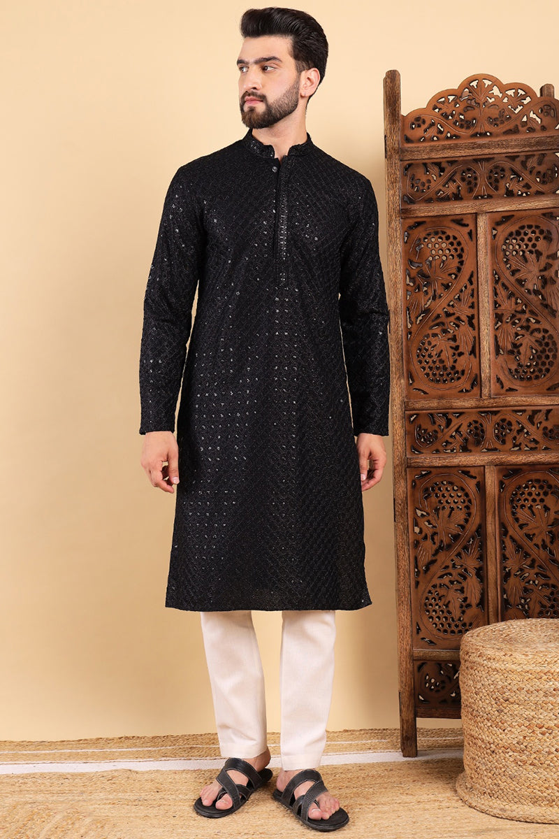 Black Viscose Rayon Solid Embroidered Straight Kurta For Men MKU1011BLK