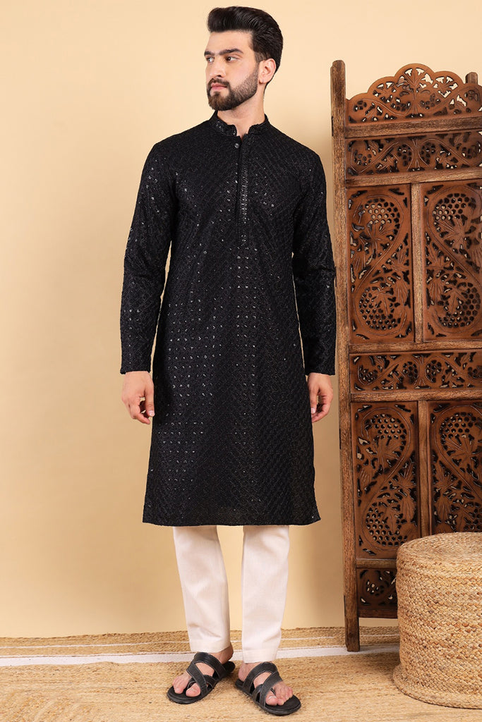 Black Viscose Rayon Solid Embroidered Straight Kurta For Men MKU1011BLK