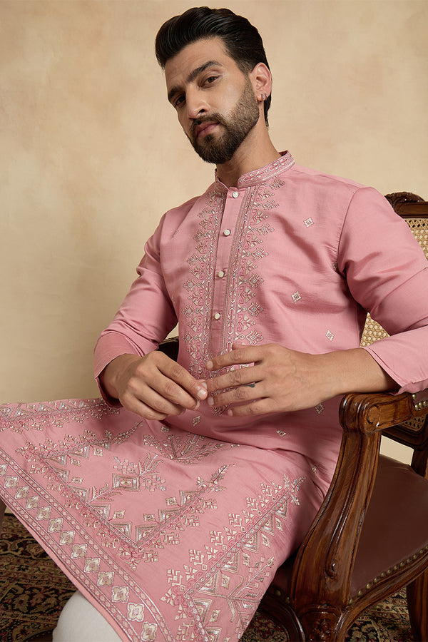 Pink Silk Blend Solid Embroidered Straight Kurta With Trouser MKSET2526