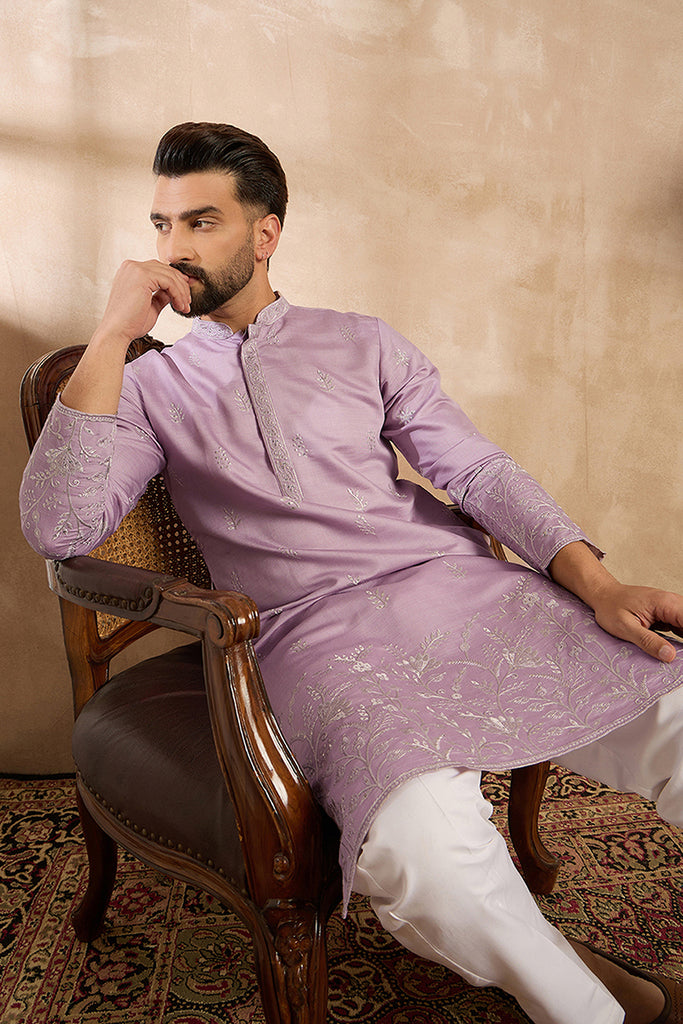 Lavender Silk Blend Floral Embroidered Straight Kurta With Trouser MKSET1781