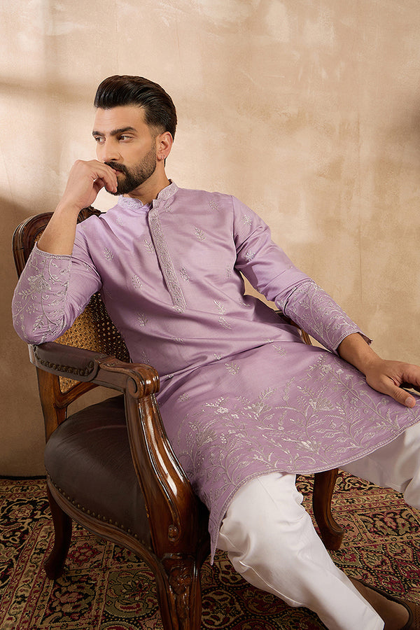 Lavender Silk Blend Floral Embroidered Straight Kurta With Trouser MKSET1781