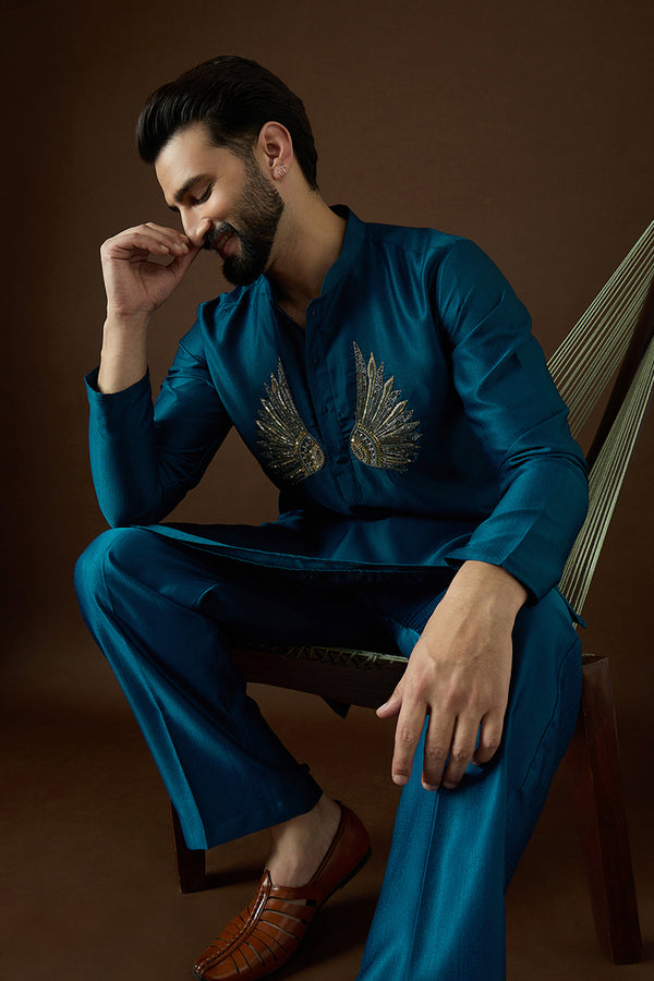 Navy Blue Silk Blend Solid Embroidered Kurta With Trouser MKSET2063