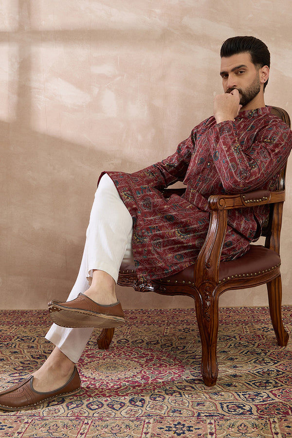 Maroon Silk Blend Printed Mandarin Collar Straight Kurta With Trouser MKSET2025