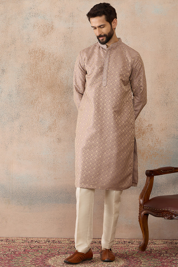 Taupe Jacquard Ethnic Motifs Embroidered Kurta With Trouser MKSET2324