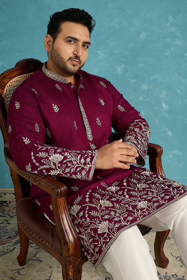 Purple Silk Blend Solid Thread Work Embroidered Kurta MKU1944