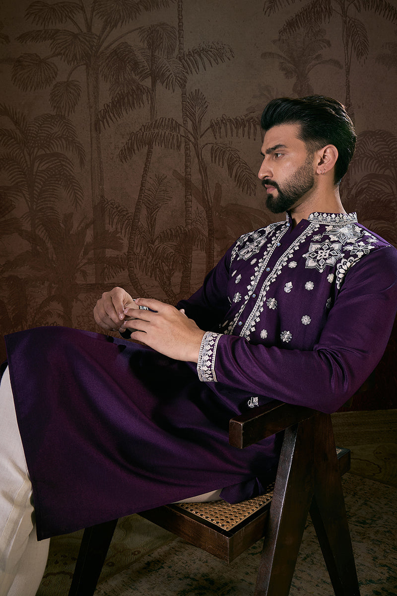 Purple Silk Blend Solid Embroidered Straight Kurta MKU1797