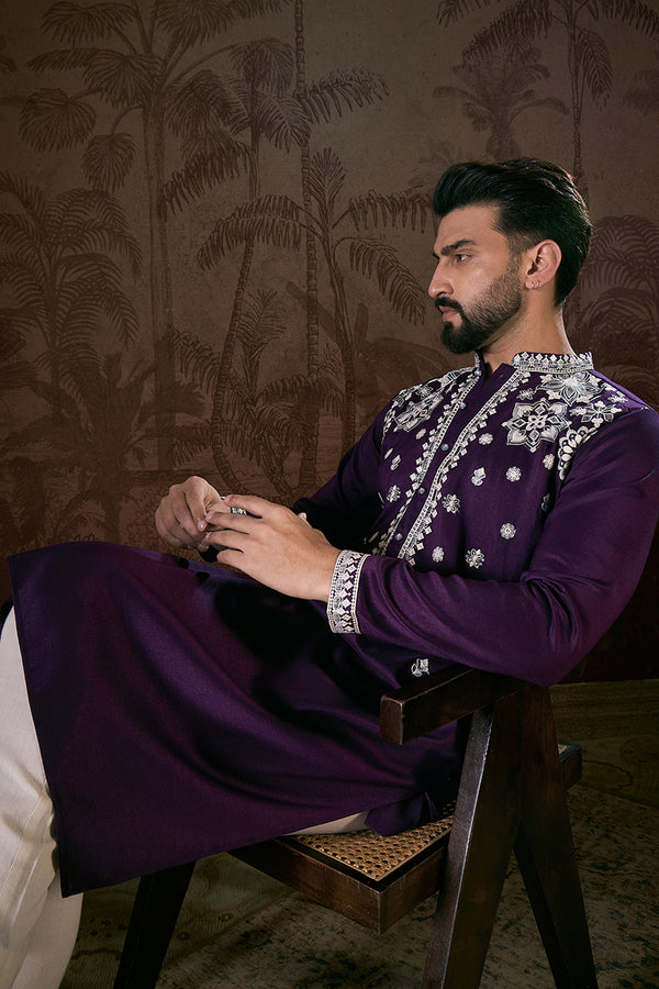 Purple Silk Blend Solid Embroidered Straight Kurta MKU1797