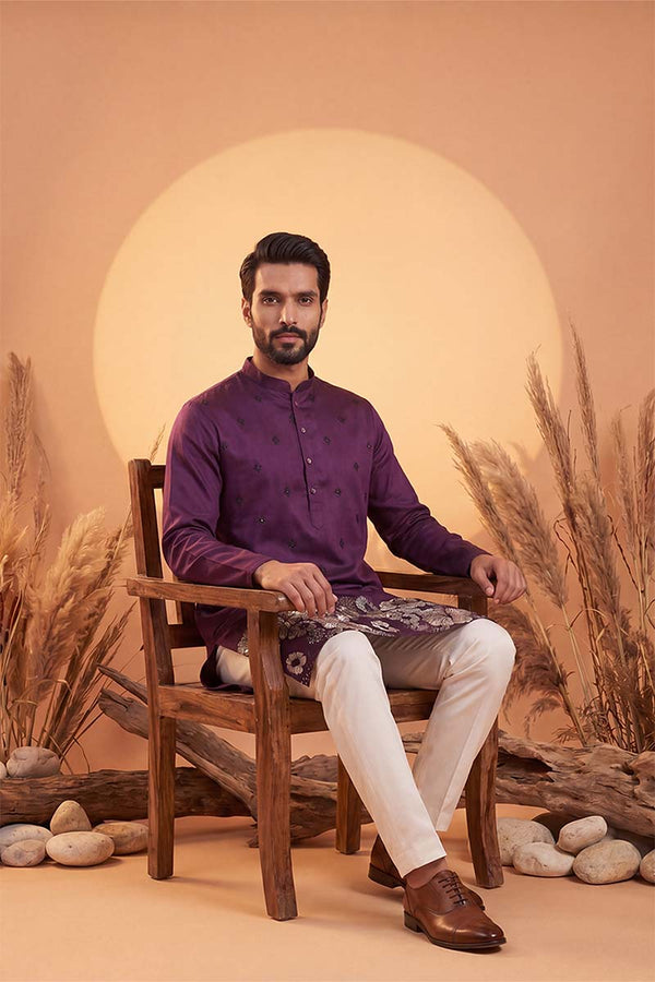 Violet Silk Blend Solid Embroidered Kurta MKU2104