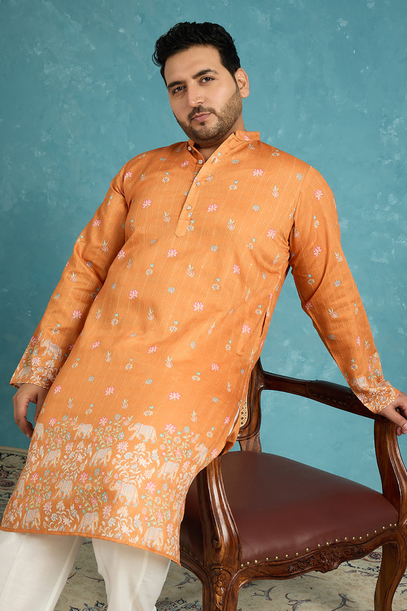 Orange Silk Blend Floral Sequins Printed Kurta MKU2349