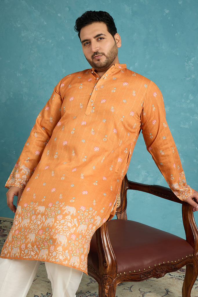 Orange Silk Blend Floral Sequins Printed Kurta MKU2349
