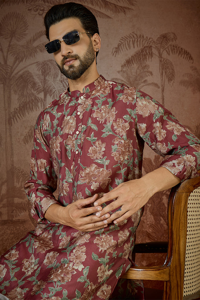 Maroon Silk Blend Floral Printed Kurta MKU2541