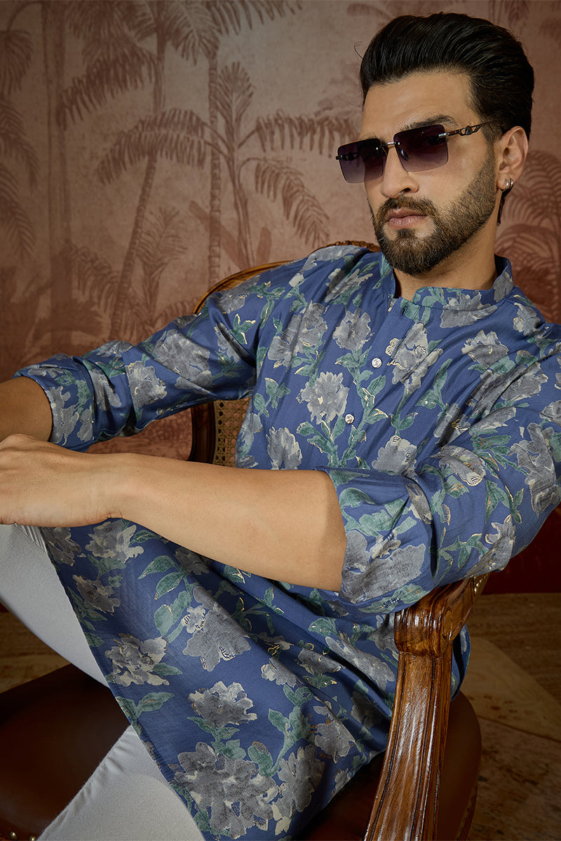 Blue Silk Blend Floral Printed Kurta With Trouser MKSET2567