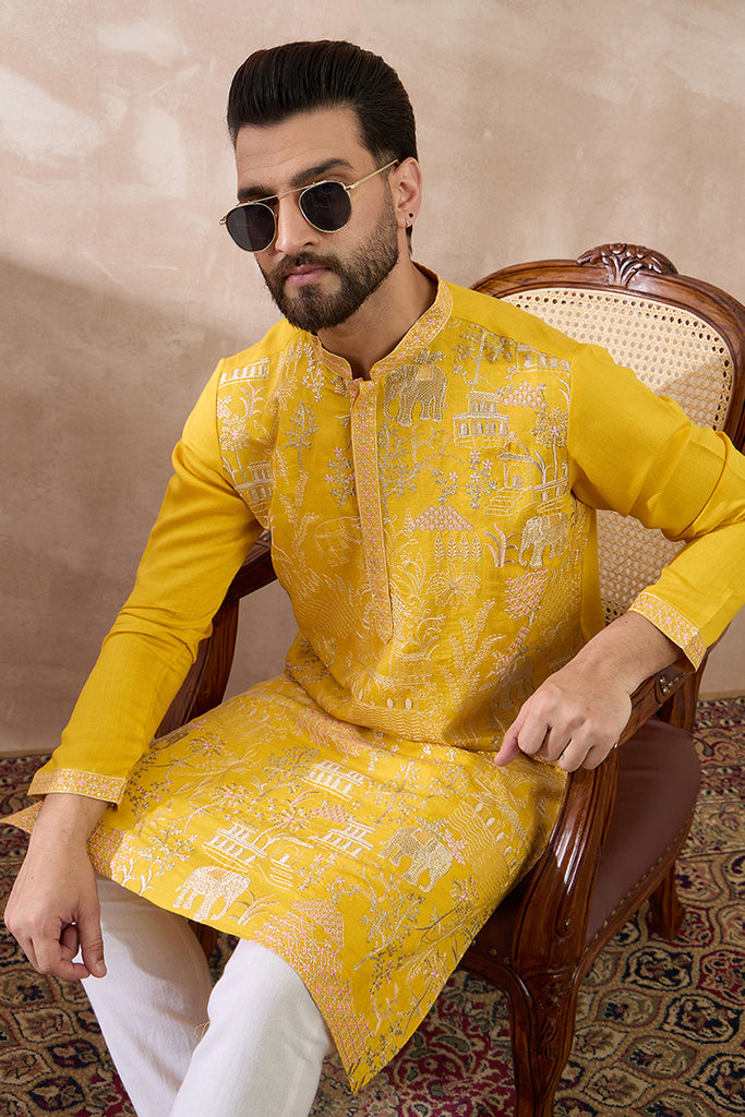 Yellow Silk Blend Embroidered Mandarin Collar Straight Kurta With Trouser MKSET2053