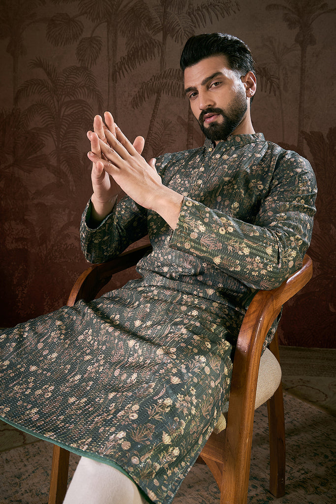 Olive Silk Blend Floral Printed Straight Kurta MKU1911