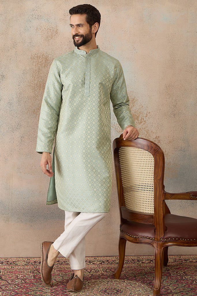 Teal Jacquard Ethnic Motifs Embroidered Kurta MKU2240