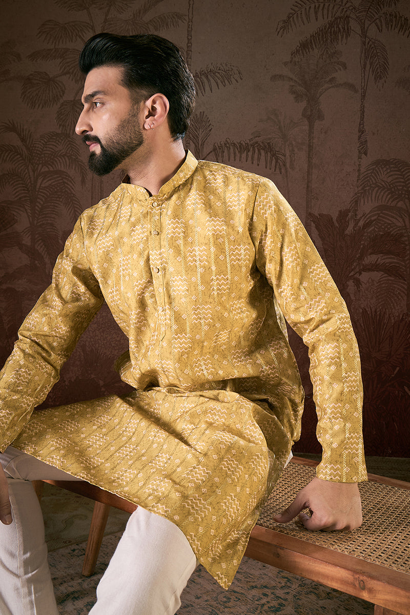 Mustard Silk Blend Ethnic Motifs Printed Straight Kurta With Trouser MKSET1926