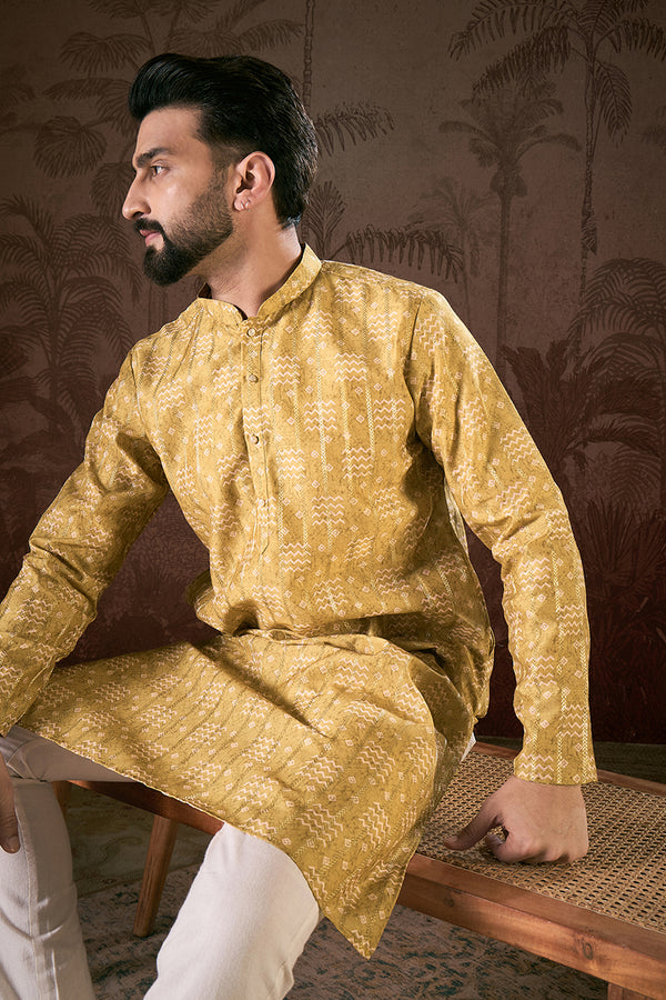 Mustard Silk Blend Ethnic Motifs Printed Straight Kurta With Trouser MKSET1926