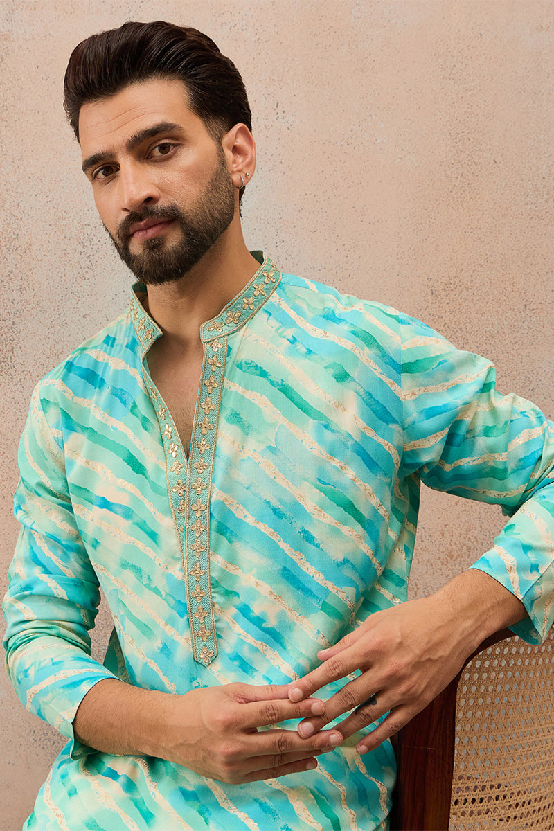 Turquoise Blue Viscose Rayon Leheriya Printed Kurta MKU2761