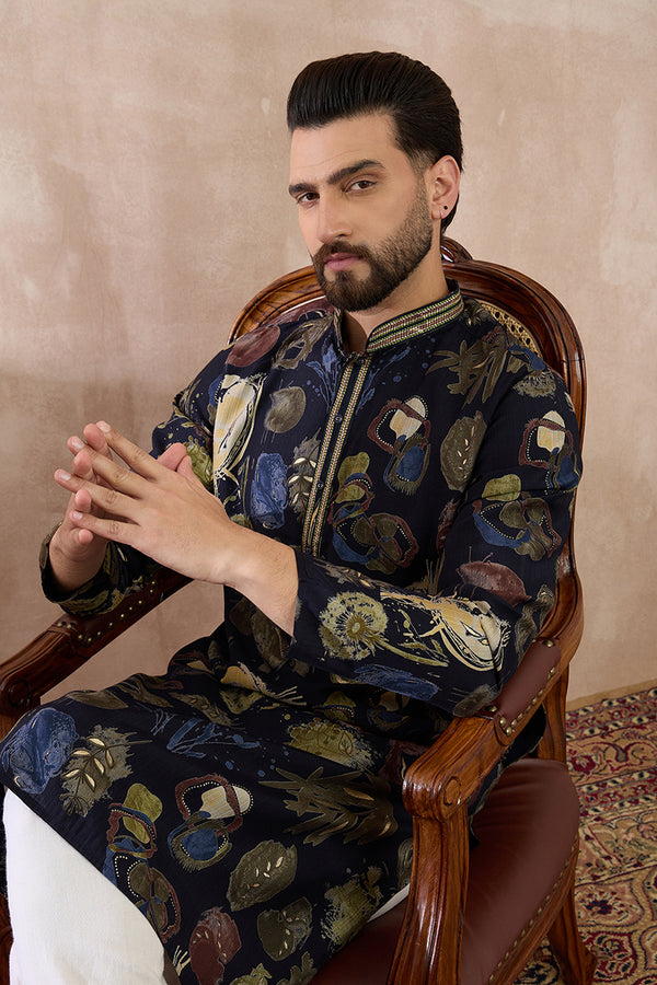 Navy Blue Silk Blend Printed Mandarin Collar Straight Kurta MKU1961