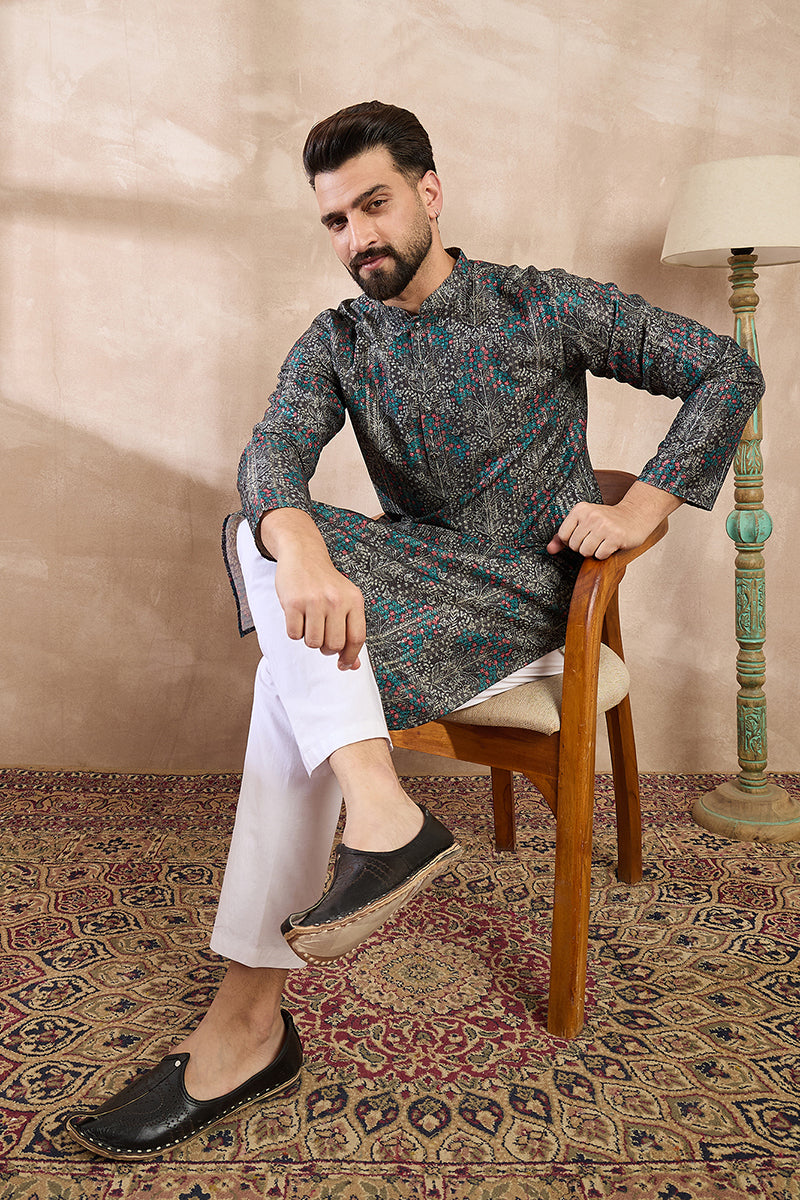 Black Silk Blend Floral Printed Straight Kurta With Trouser MKSET2015
