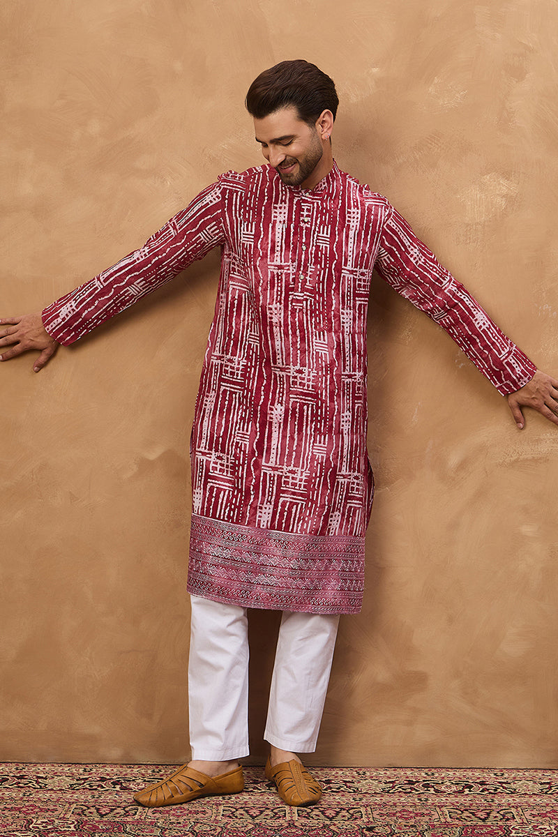 Red Viscose Rayon Batik Embroidered Straight Kurta MKU1499